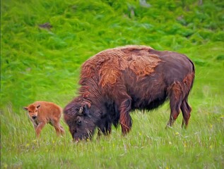 Yellowstone Bison Cow With Calf
