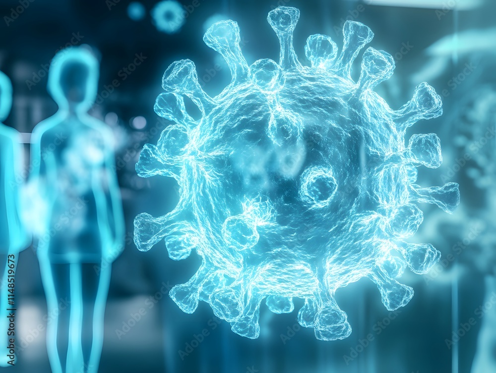 Poster digital 3d illustration of a coronavirus structure with silhouetted figures in the background repres