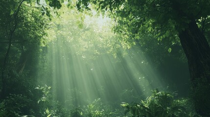 Naklejka premium Sunlight Filtering Through Lush Green Forest for Peaceful Serenity