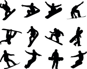 Set of vector illustrations of snowboarding silhouettes