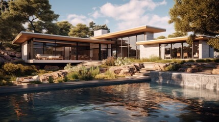 Obraz premium Modern Hillside Home With Infinity Pool And Landscaping