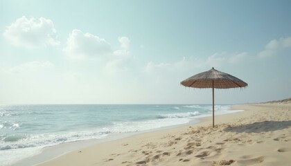 Fototapeta premium Abandoned straw umbrella on the edge of a quiet, deserted beach with clear blue sky and calm waves