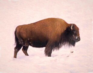 Bison Standing in Pink-tinged Snow  © Ainslie