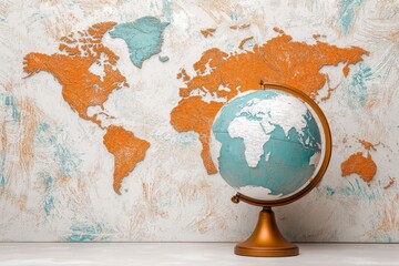 A vintage-style globe illustration with muted colors and ornate detailing, paired with antique map designs in the background