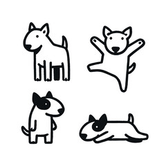 Hand-drawn bull terrier icons in bold black lines, minimalistic and fun