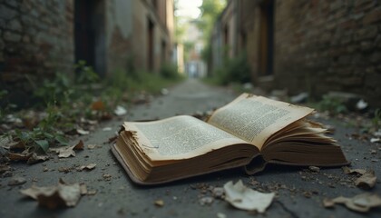 Ripped pages of an old book scattered by the wind on a cracked alley sidewalk
