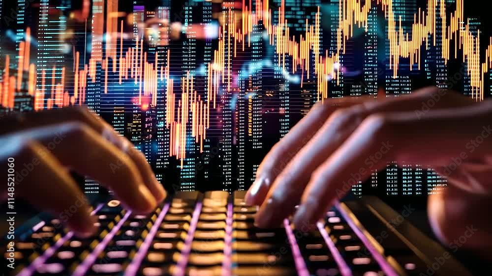 Poster hands typing on keyboard with holographic data streams