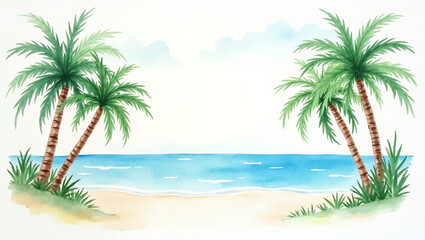 Watercolor Beach Painting Featuring Palm Trees
