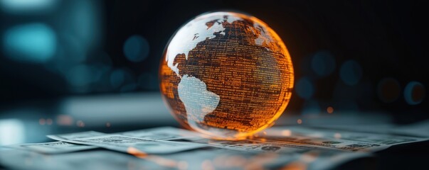 Abstract globe illuminated by financial data. Global trade, finance concept. Currency symbols, tax codes surround illuminated globe. Global economy, financial markets. Inspecting financial