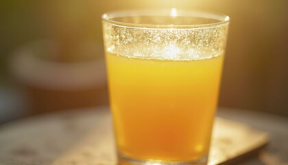Glass of fresh orange juice with condensation, glowing in soft sunlight on a beige surface
