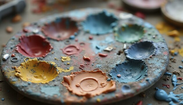 Discarded paint palette with dried paint blobs and scattered tools on a messy workspace