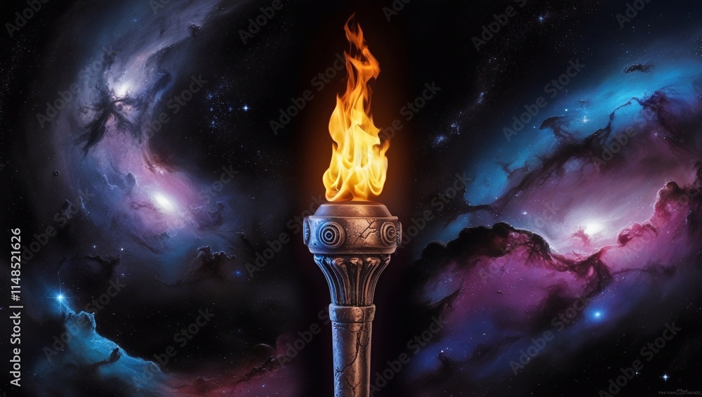 Poster burning torch against colorful night sky - generative ai