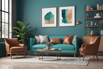 Eclectic Living Room Design With Turquoise Tight Back Sofa And Tan Leather Accent Chair