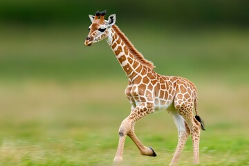 Obraz premium A young giraffe playfully running through an open field, its legs moving in a gangly but graceful motion