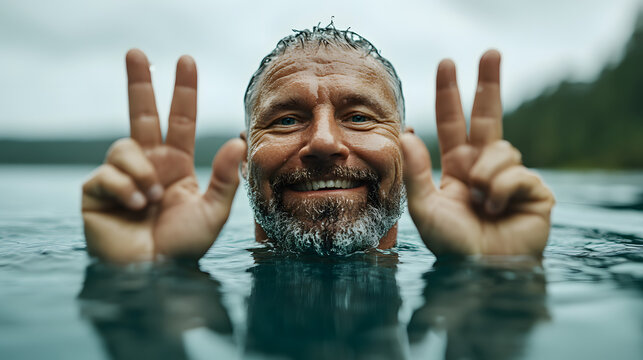Lachender Mann im Wasser mit Friedenszeichen
