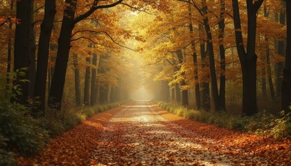 Fototapeta premium Autumn forest path covered in golden leaves with warm sunlight filtering through the trees
