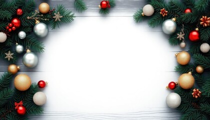 Top view of a decorated tree and ornaments border frame with clean, empty space in the center, isolated on a black wooden table
