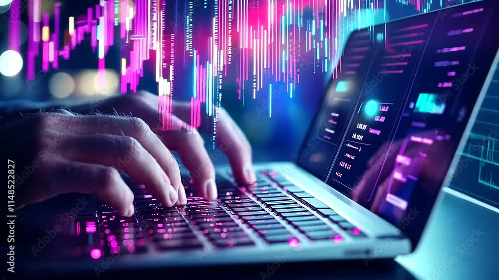 Aufkleber hands typing on keyboard with holographic data visualization