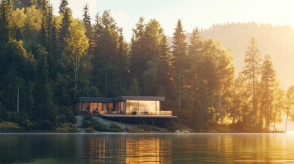 Fototapeta premium Modern Lakeside House Nestled Amongst Lush Green Trees