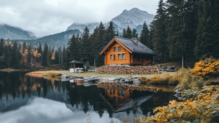 Naklejka premium Mountain Lake Cabin Autumnal Serenity