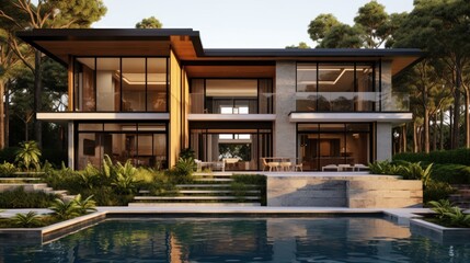 Fototapeta premium Modern Luxury Home With Pool and Extensive Landscaping
