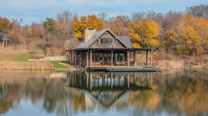 Log Cabin Lakeside Autumnal Setting Reflecting Tranquility