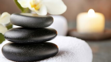 Obraz premium Relaxing Spa Setting with Black Stones and Orchid Flower