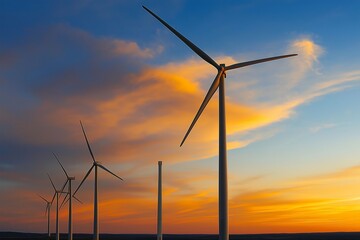 Golden sunset casting vibrant hues behind towering wind turbines, blades silhouetted against a glowing sky, set on a serene horizon.