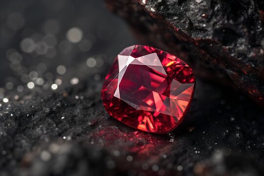 A captivating close up of a radiant ruby gemstone with a dark, glossy background