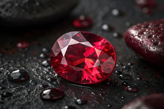A captivating close up of a radiant ruby gemstone with a dark, glossy background
