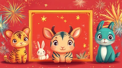 Obraz premium Whimsical greeting sign featuring a rectangular frame, cartoon ox, tiger, and rabbit zodiac symbols, and colorful fireworks over a vibrant red background.