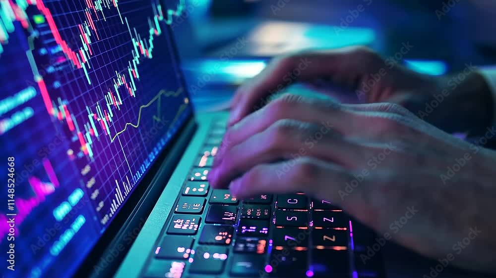 Poster hands typing on laptop with data visualization overlay