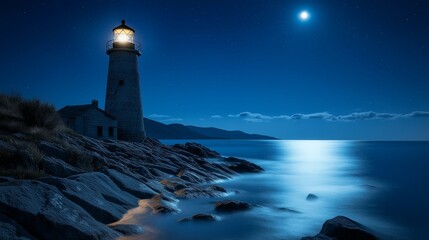 Beacon of a moonlit lighthouse illuminating the rocky shore and calm sea, with a clear night sky and soft moonlight.