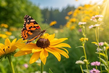 Obraz premium close up colorful painted lady butterfly on a bright yellow sunflower