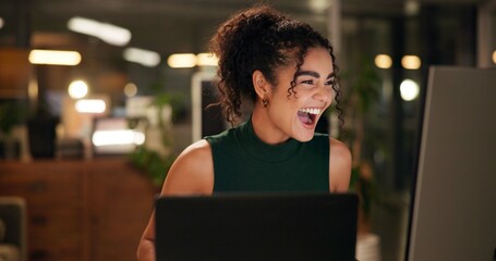 Business woman, laptop and celebration with excited, creative agency and ideas for night brainstorming. Girl, brand consultant and multi screen computer with project, success and startup for office