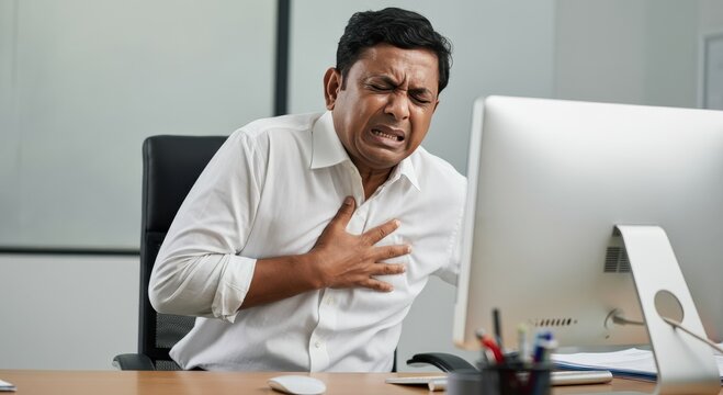 Concerned adult male with chest pain in office setting for health awareness and education