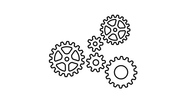 Motion graphic animation of different gears and cogwheels of engine rotating on white background. Teamwork concept. Business partnership technology