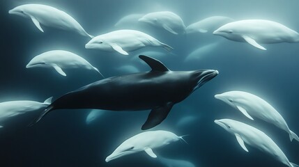 Obraz premium A captivating underwater scene featuring dolphins swimming gracefully in a tranquil ocean environment.
