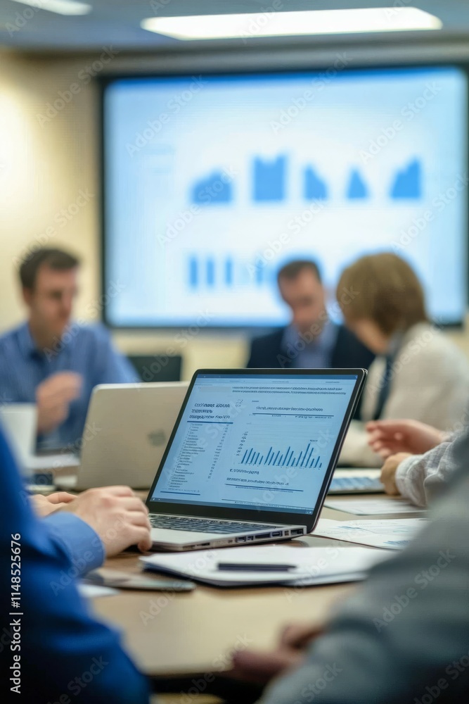 Poster engage in a collaborative meeting focused on data analytics to enhance communication and facilitate 