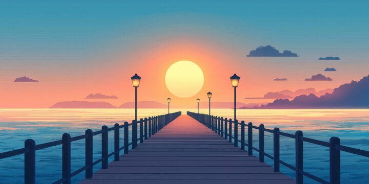 Fototapeta Sunrise and sunset, A serene sunset view over a wooden pier with lampposts, reflecting on calm waters, creating a tranquil atmosphere.