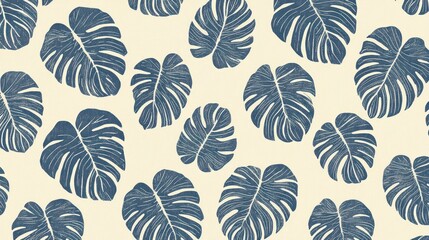 Blue Monstera Leaves Pattern on Cream Background
