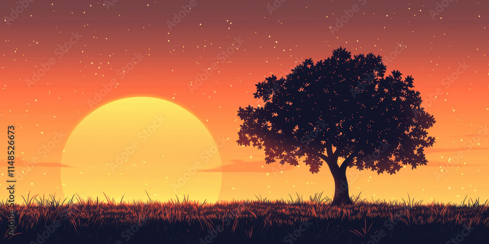 Poster Sunrise and sunset, A silhouette of a tree against a vibrant sunset, with a large sun and a gradient of orange and yellow hues filling the sky.