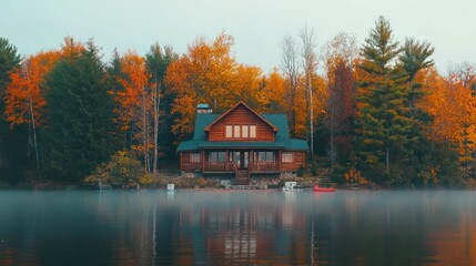 Fototapeta premium Log Cabin Autumn Lake Reflection Serenity