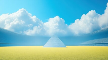 Transparent glass pyramid structure reflecting sunlight standing on yellow desert sand with blue sky and white clouds background ideal for futuristic, technology, nature themes