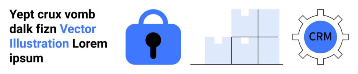 Blue lock symbolizing security, bar graph for data management, and gear labeled CRM for Customer Relationship Management. Ideal for digital security, data analysis, CRM systems, tech services