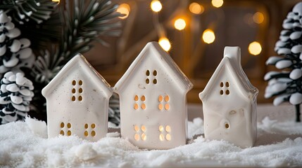 Naklejka premium Three white ceramic houses with lights on a snowy, bokeh background
