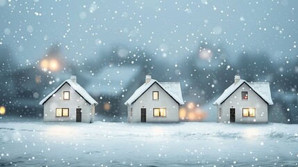 Three white houses with lights inside on a snowy background