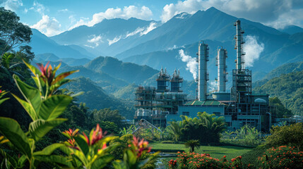 Obraz premium A modern industrial facility surrounded by lush greenery and mountains, with smoke rising from chimneys under a clear blue sky.
