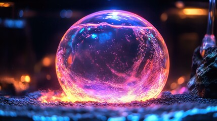 Glowing crystal ball with vibrant pink and purple light effects on reflective surface with bokeh background perfect for mystic, fantasy, magic, Halloween themes and digital artwork designs
