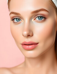 Fototapeta premium Portrait of a beautiful young woman with perfect skin, hair tied in a ponytail, light make-up and bare shoulders posing on a soft pink background, beauty and skincare concept.